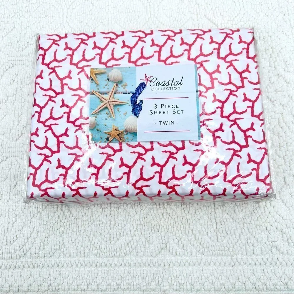 NEW Coastal Collection Sheet Set Twin White Red